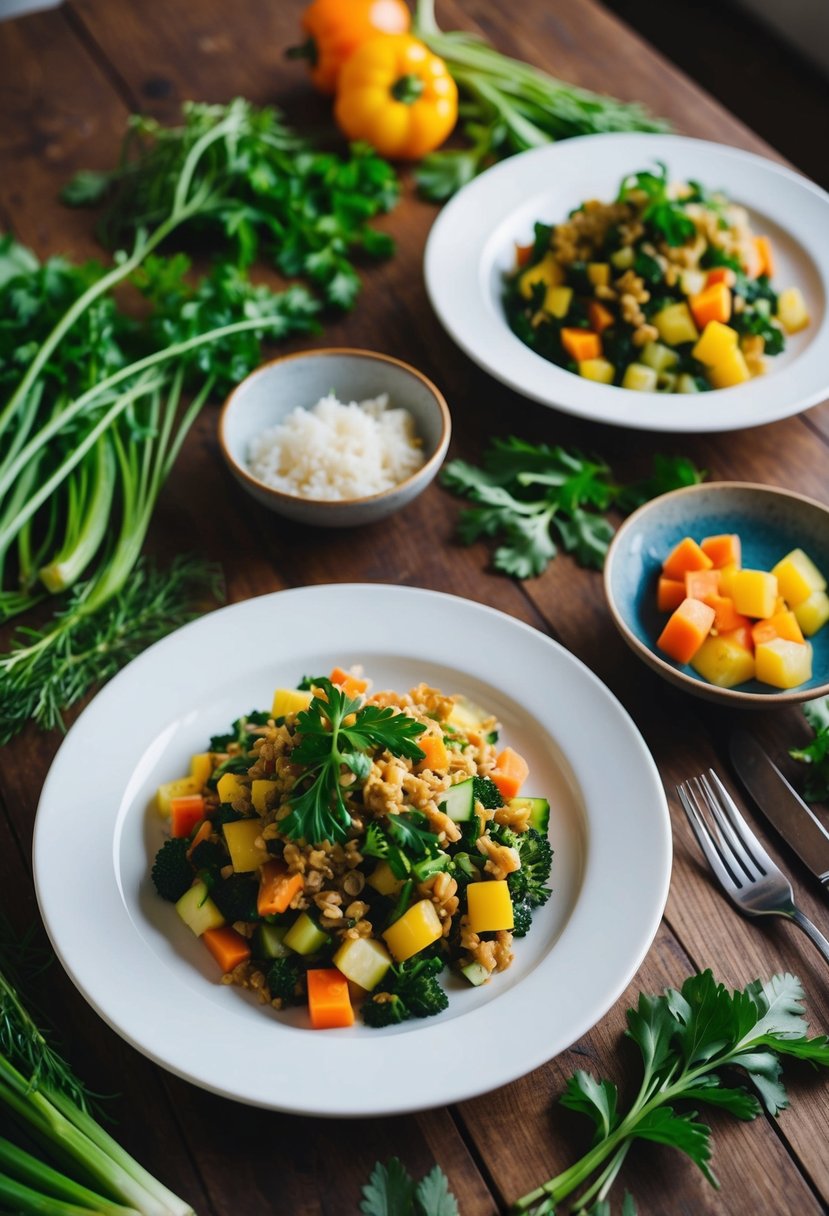 A table set with two plates of colorful, low carb dishes surrounded by fresh vegetables and herbs